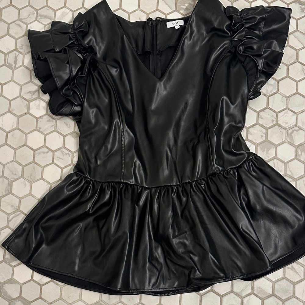 Chic Voy Black Faux Leather Ruffle Top